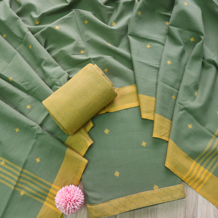 Madhubala Crocodile Green Thread Weaved Handloom Cotton Suit Set
