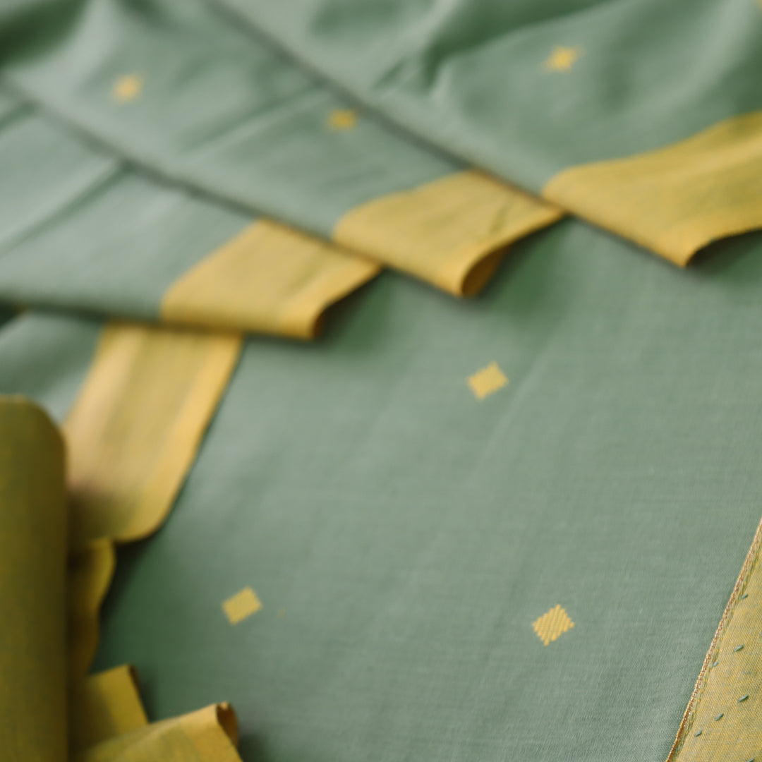 Madhubala Crocodile Green Thread Weaved Handloom Cotton Suit Set