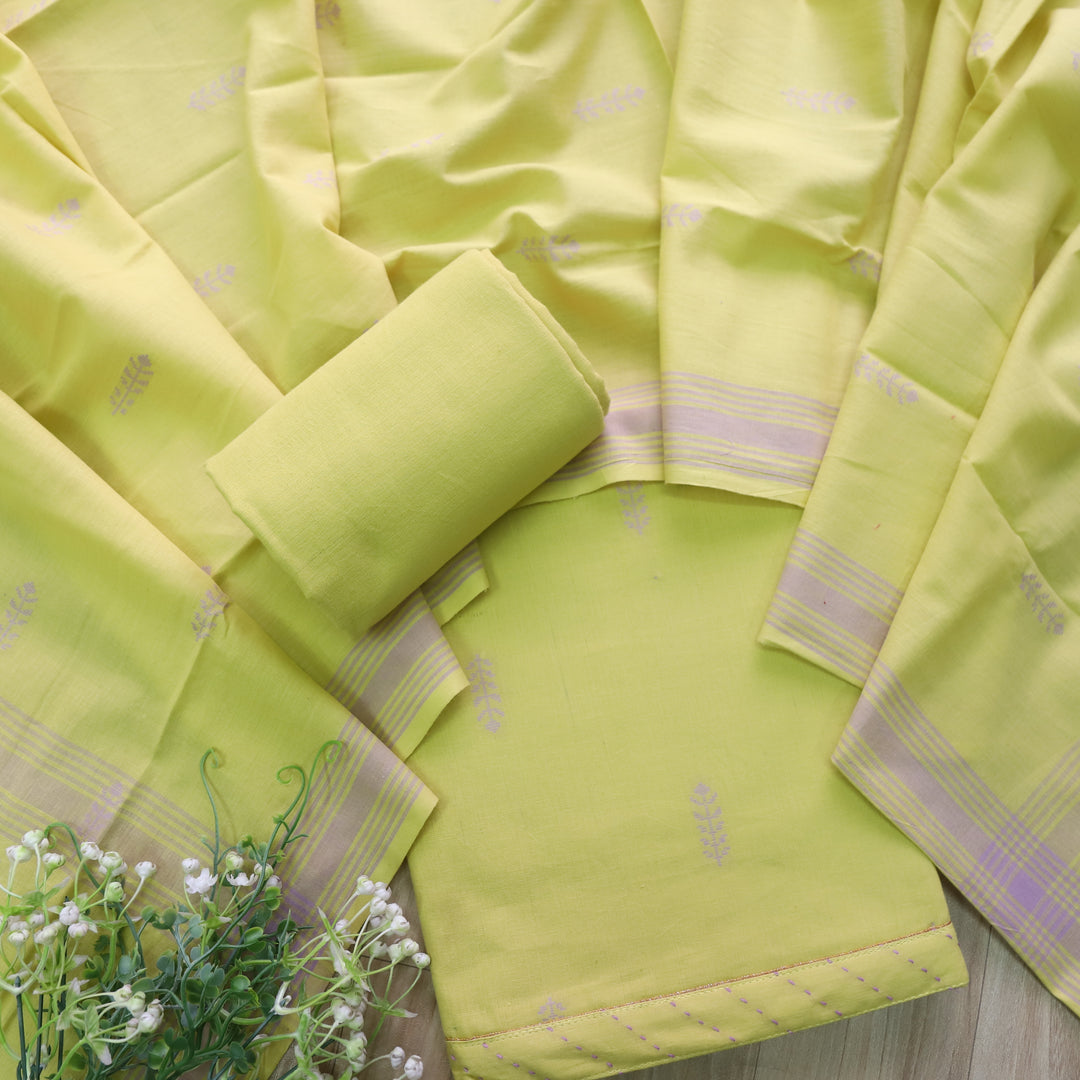 Madhubala Lime Green Thread Weaved Handloom Cotton Suit Set