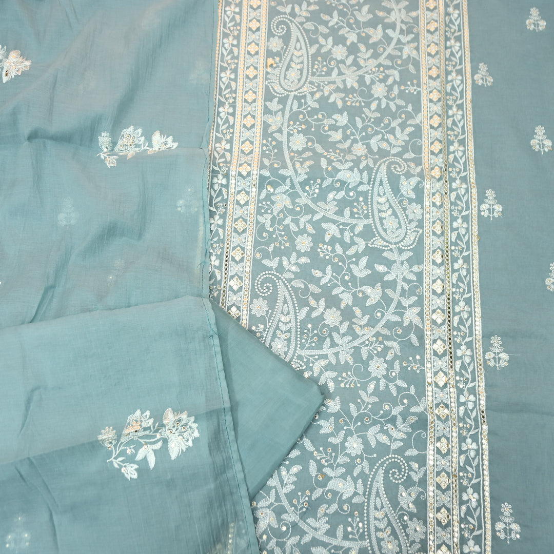 Vamika Fossil Grey Chikankari Panel Mul Chanderi Set