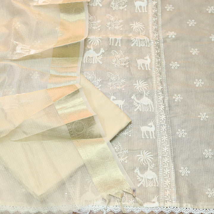 Paakhi Sand Beige Floral with Deer Style Thread Work Shimmer Tissue Linen Set