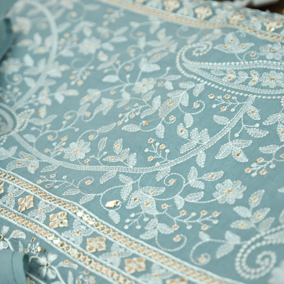 Vamika Fossil Grey Chikankari Panel Mul Chanderi Set