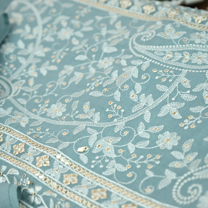 Vamika Fossil Grey Chikankari Panel Mul Chanderi Set