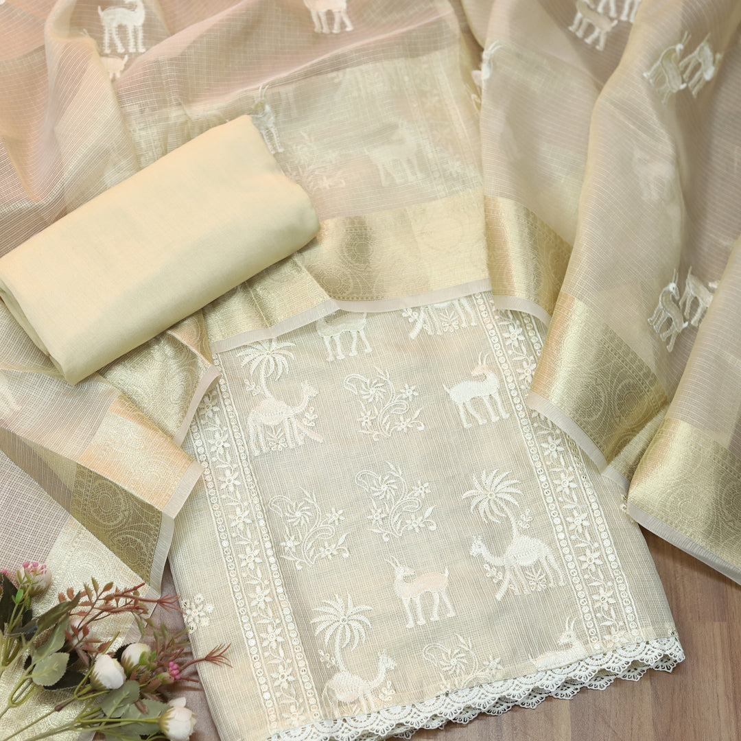 Paakhi Sand Beige Floral with Deer Style Thread Work Shimmer Tissue Linen Set