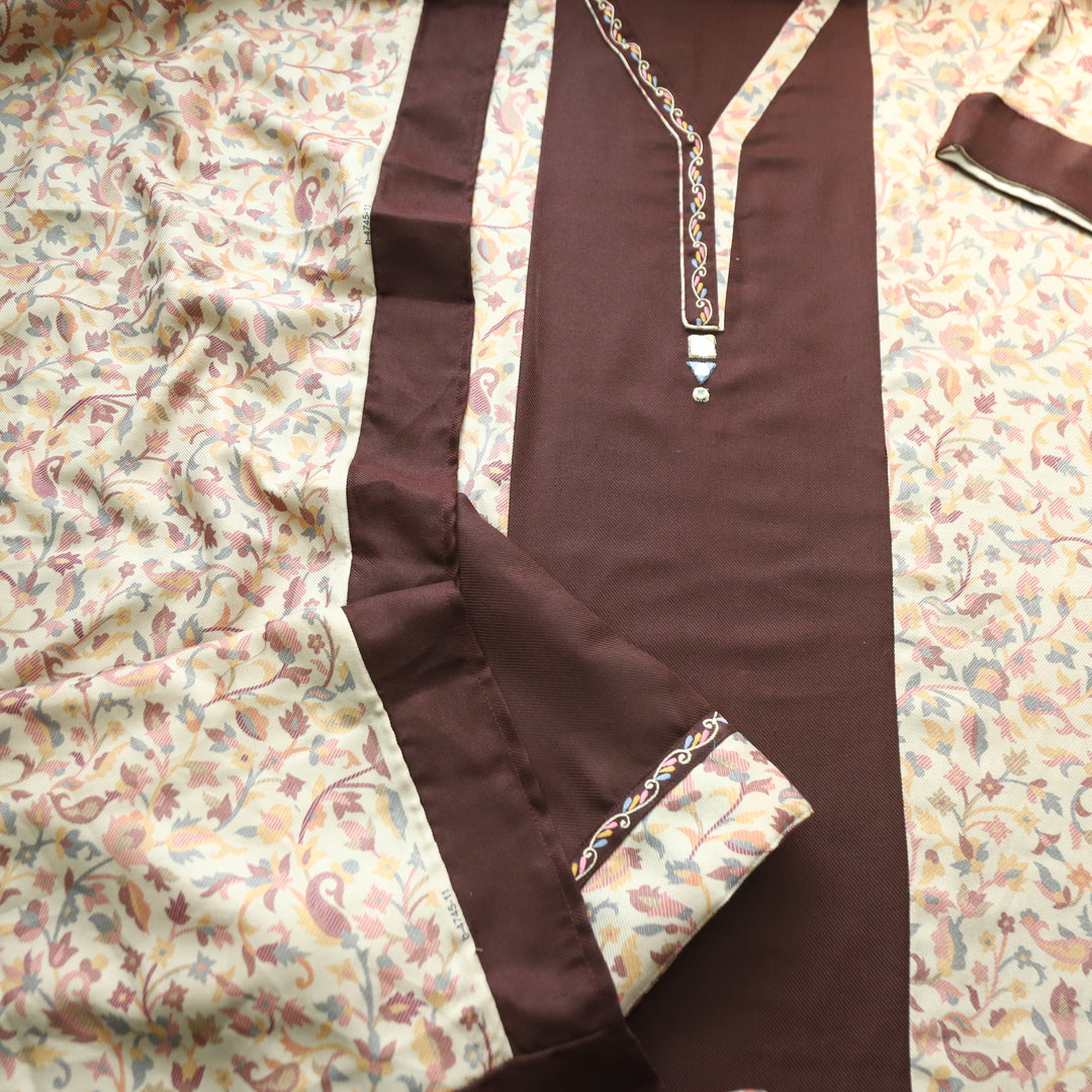 Meherika Brown Minimal Embroidery Panel Style Semi Pashmina Winter Set