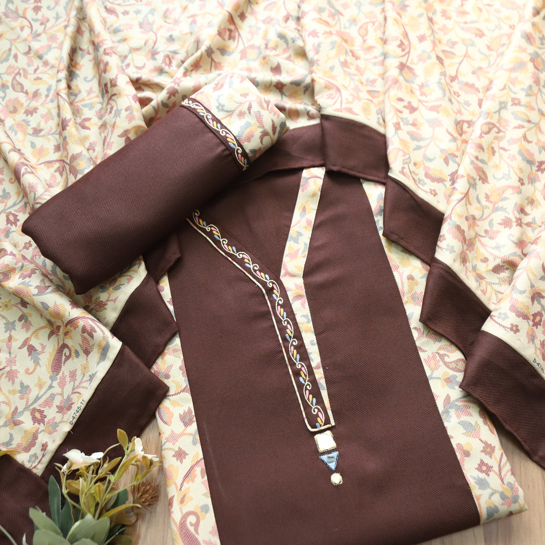 Meherika Brown Minimal Embroidery Panel Style Semi Pashmina Winter Set