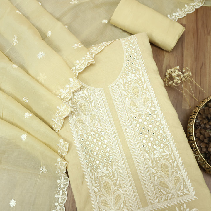 Saloni Sand Beige Embroidered with Patra Work Mul Chanderi Set