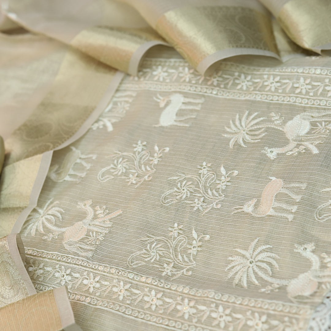 Paakhi Sand Beige Floral with Deer Style Thread Work Shimmer Tissue Linen Set