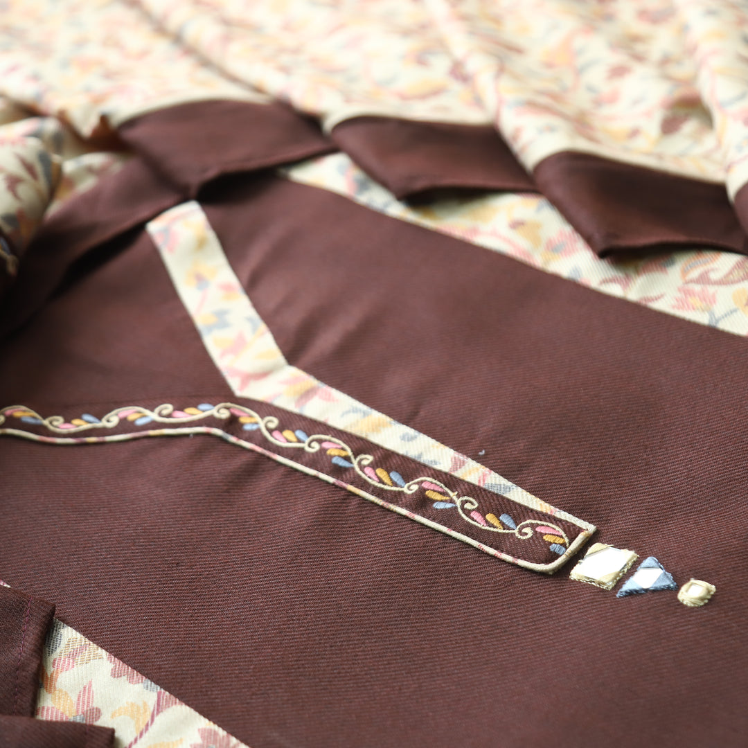 Meherika Brown Minimal Embroidery Panel Style Semi Pashmina Winter Set