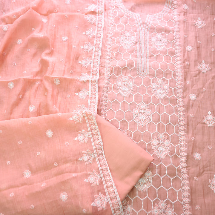 Vamika Pumpkin Peach Embroidered Panel Mul Chanderi Set