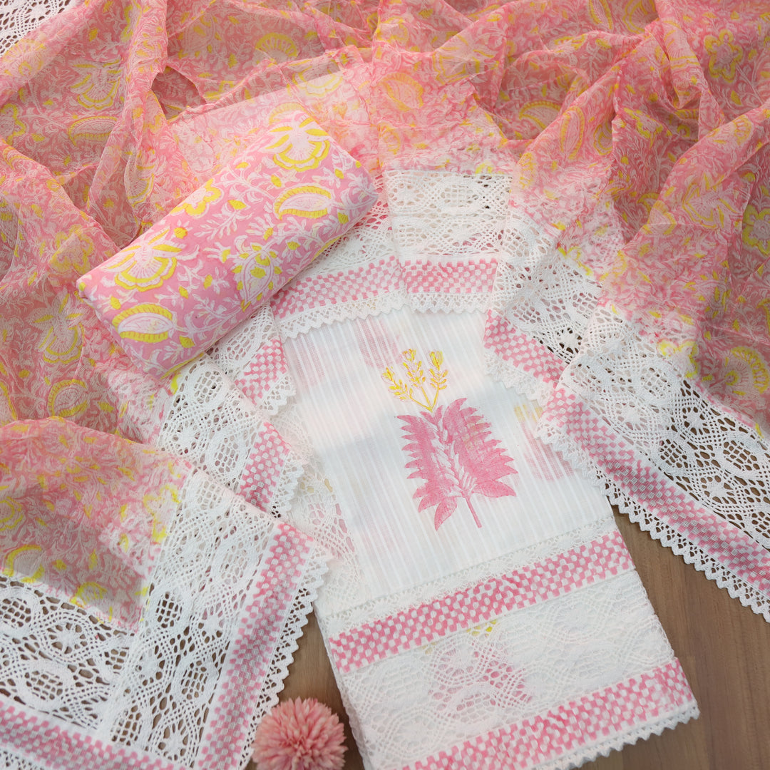 Keher White with Baby Pink Floral Printed Embroidered Kota Doriya Suit Set