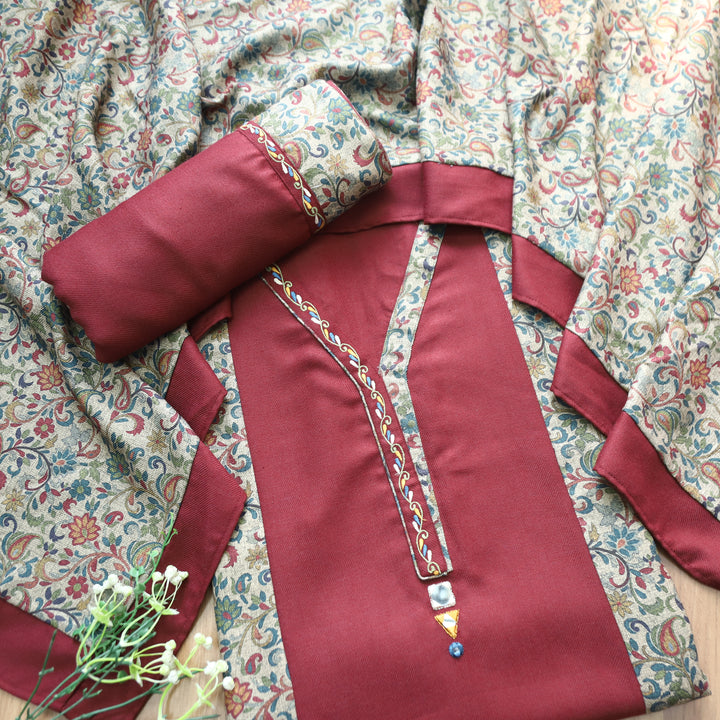 Meherika Burgundy Minimal Embroidery Panel Style Semi Pashmina Winter Set