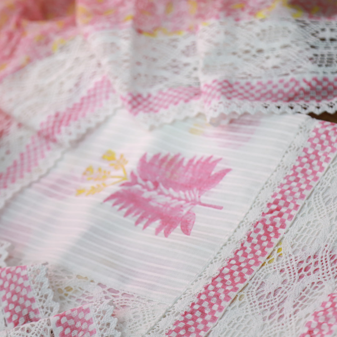 Keher White with Baby Pink Floral Printed Embroidered Kota Doriya Suit Set