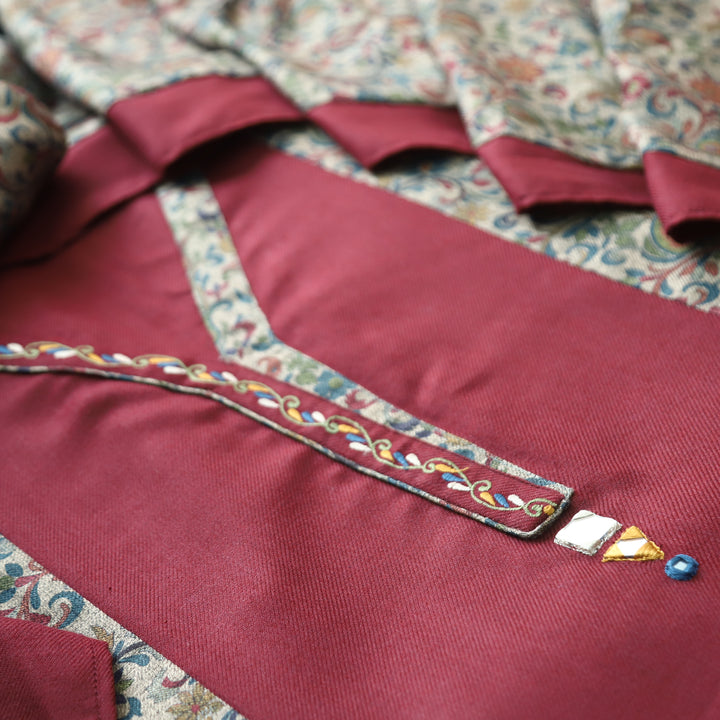 Meherika Burgundy Minimal Embroidery Panel Style Semi Pashmina Winter Set
