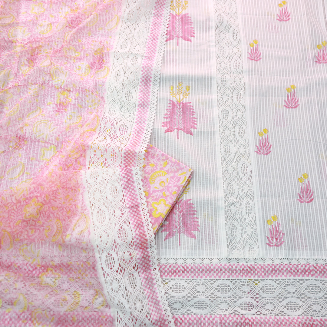 Keher White with Baby Pink Floral Printed Embroidered Kota Doriya Suit Set