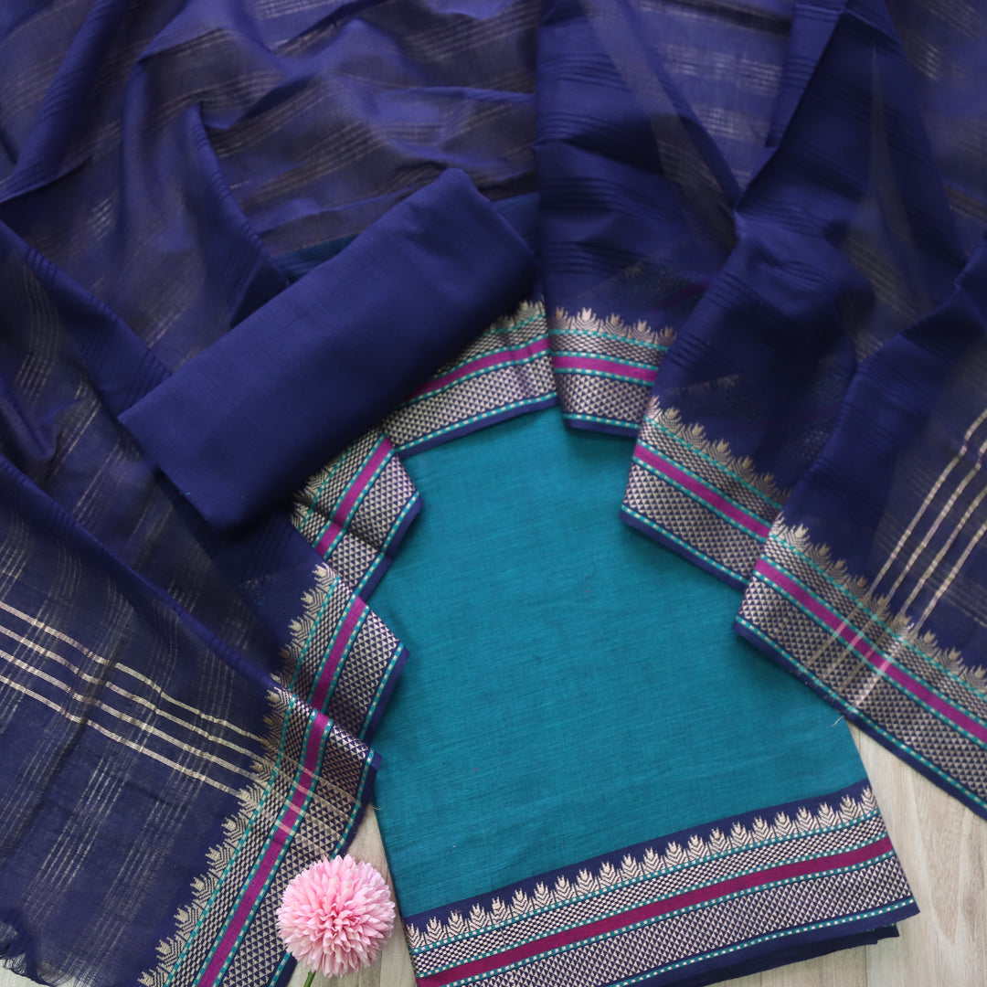 Sanskruti Jade Green with Blue Dupatta South Cotton Mangalgiri Hem Suit Set