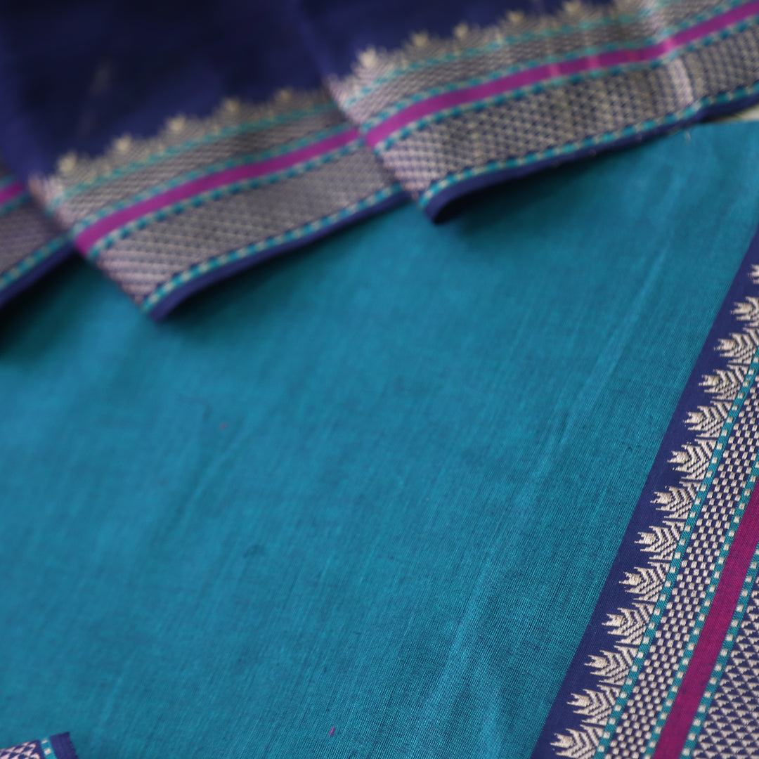 Sanskruti Jade Green with Blue Dupatta South Cotton Mangalgiri Hem Suit Set