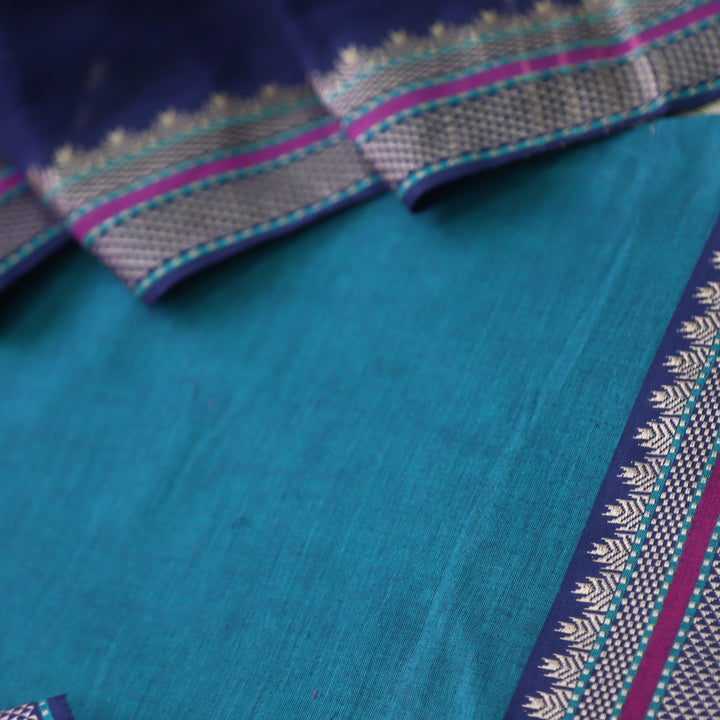 Sanskruti Jade Green with Blue Dupatta South Cotton Temple Hem Suit Set