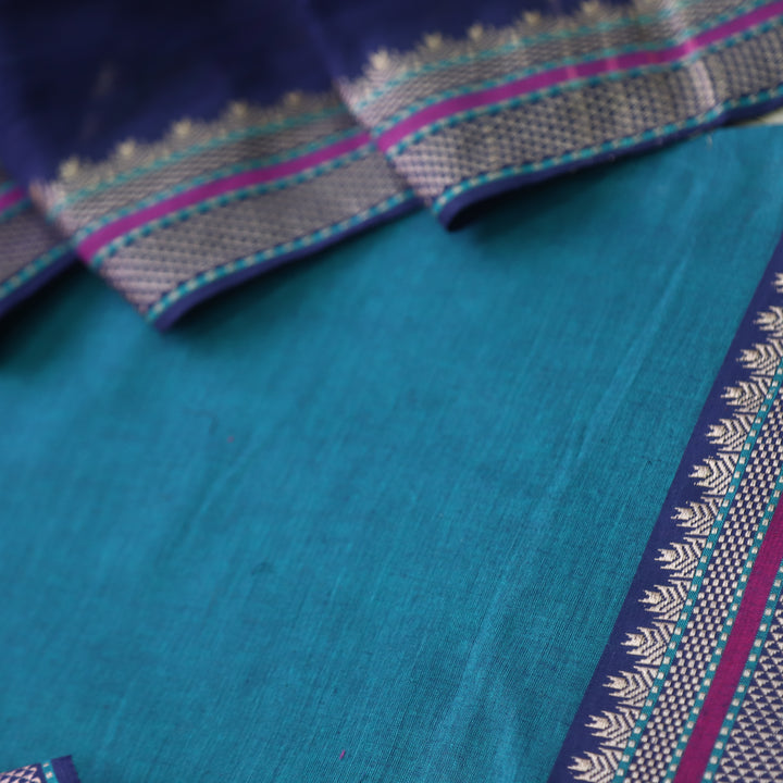 Sanskruti Jade Green with Blue Dupatta South Cotton Mangalgiri Hem Suit Set