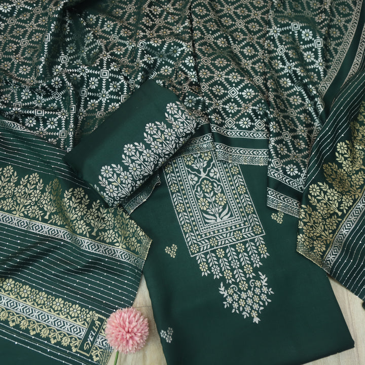 मोहिनी Dark Green Zari Waved Neck Semi Pashmina Winter Suit Set