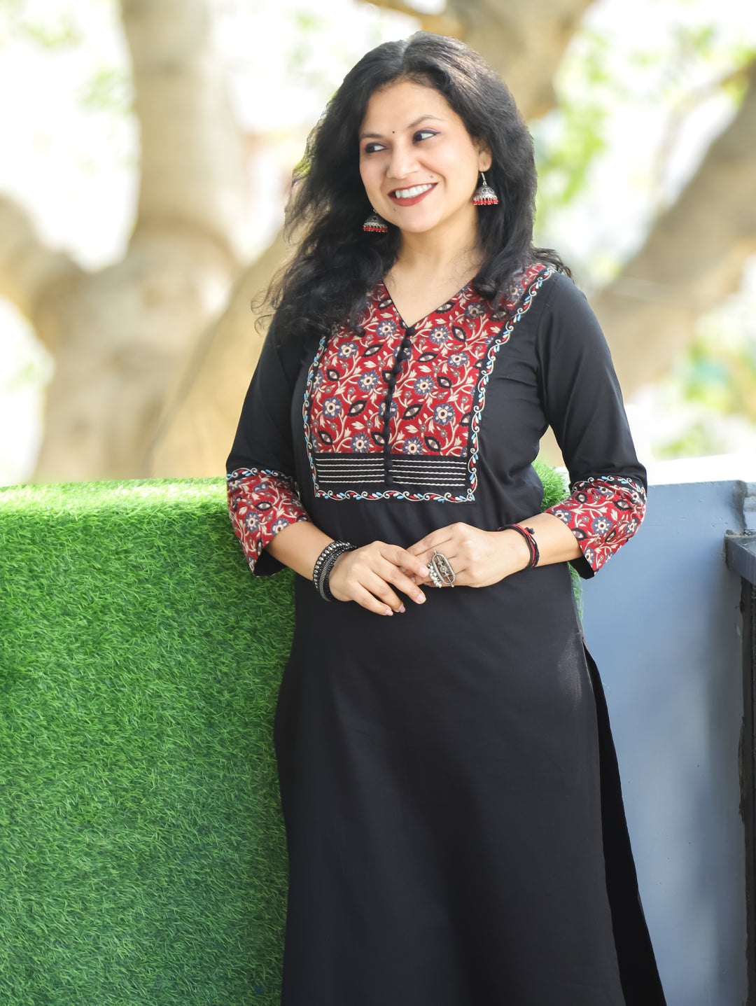 Eraya Ebony Black Potli Button Floral Printed Yoke with Thread Work Cotton Kurti