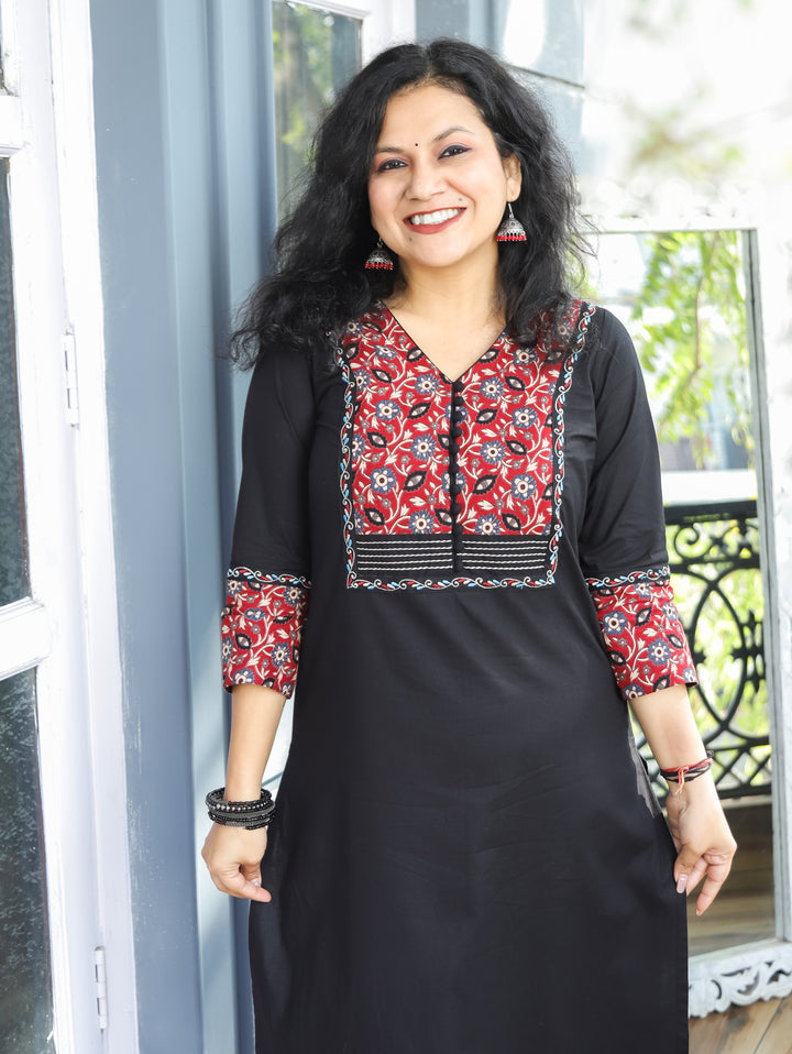 Eraya Ebony Black Potli Button Floral Printed Yoke with Thread Work Cotton Kurti