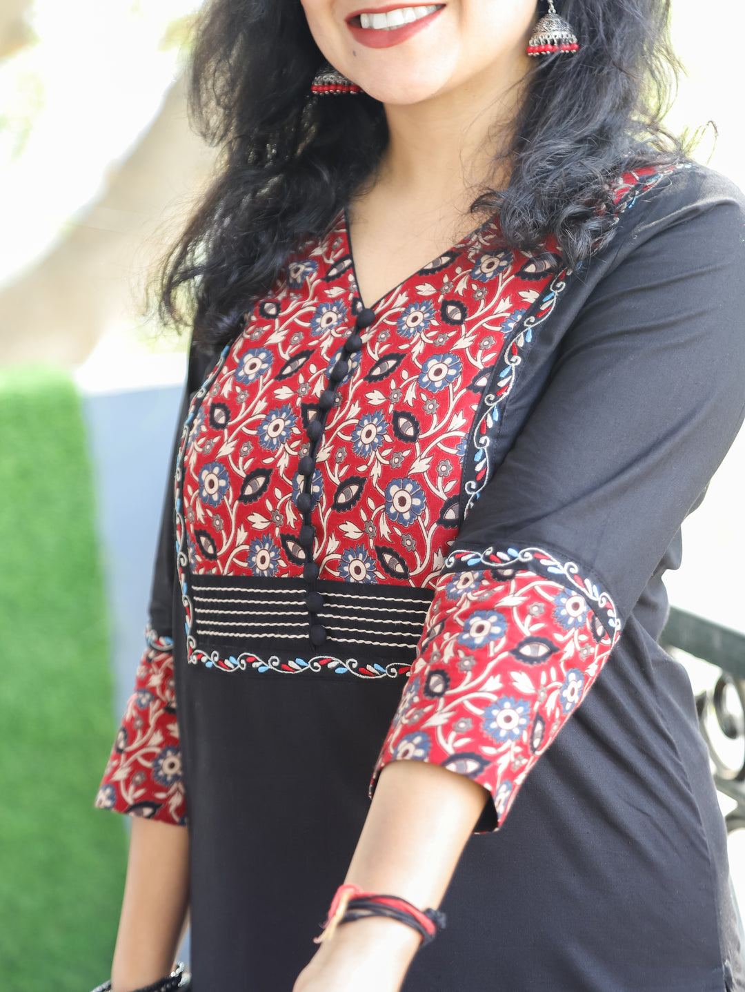 Eraya Ebony Black Potli Button Floral Printed Yoke with Thread Work Cotton Kurti