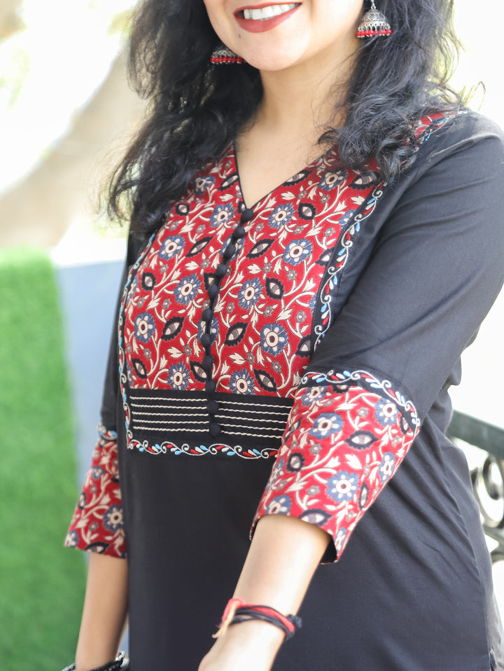 Eraya Ebony Black Potli Button Floral Printed Yoke with Thread Work Cotton Kurti
