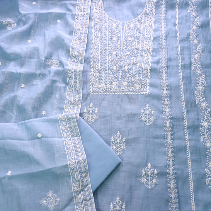 Vamika Bluish Grey Chikankari Panel Mul Chanderi Set