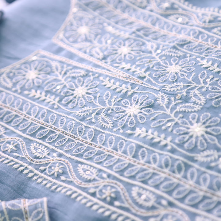 Vamika Bluish Grey Chikankari Panel Mul Chanderi Set