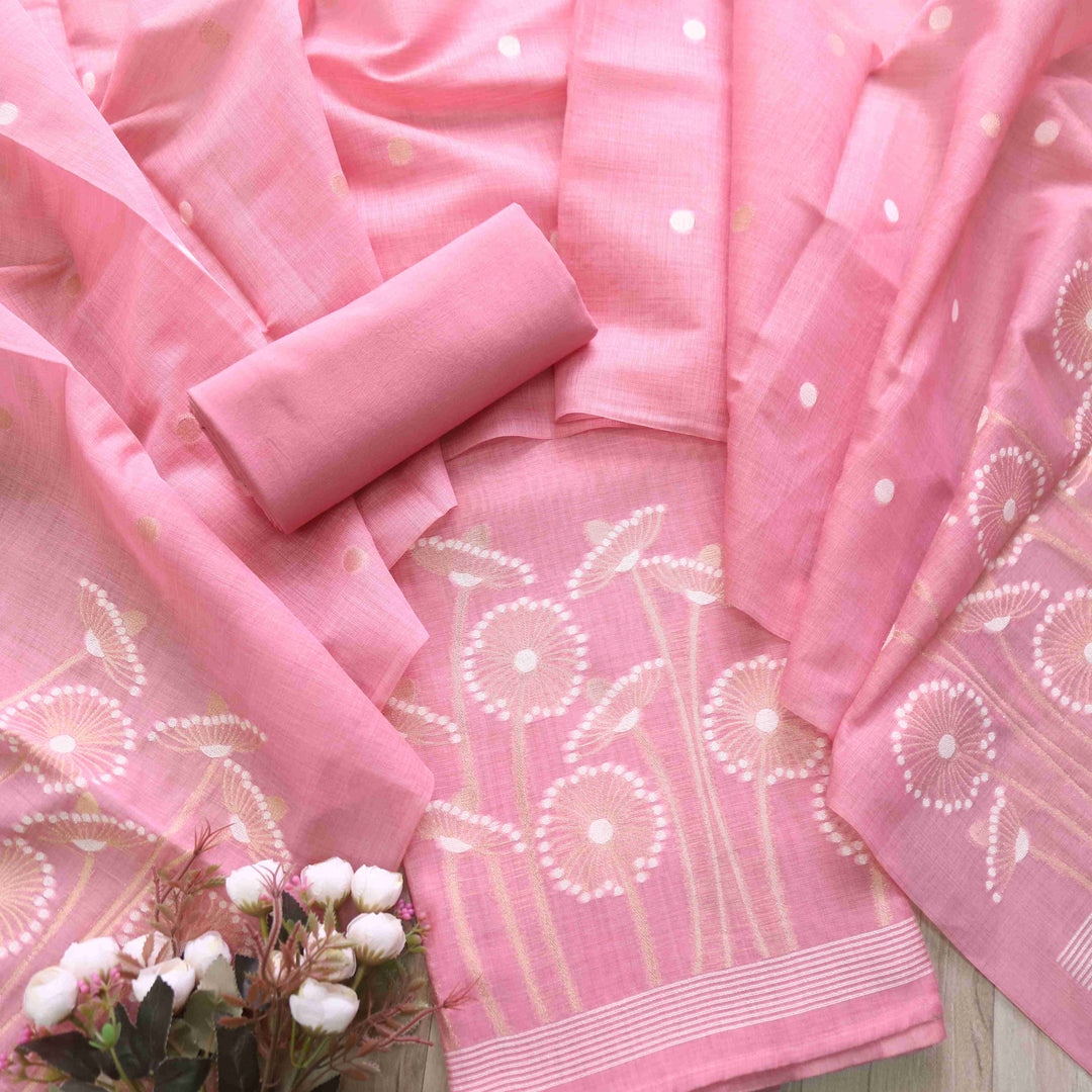 Rubaroo Blush Pink All Over Floral Style Zari Weaved Jamdani Suit Set