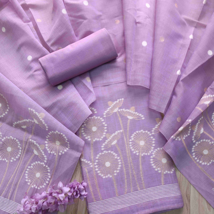 Rubaroo Wisteria Purple All Over Floral Style Zari Weaved Jamdani Suit Set