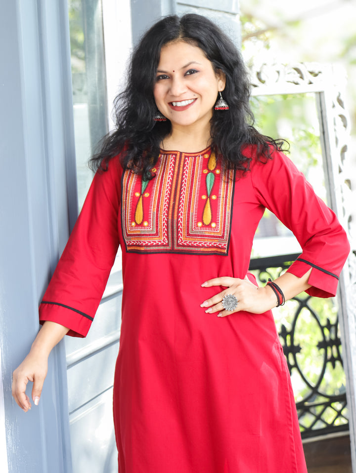 Chanda Cherry Red Thread Embroidered Neck Yoke Work Cotton Kurti