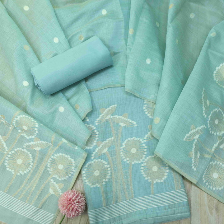 Rubaroo Sea Green All Over Floral Style Zari Weaved Jamdani Suit Set