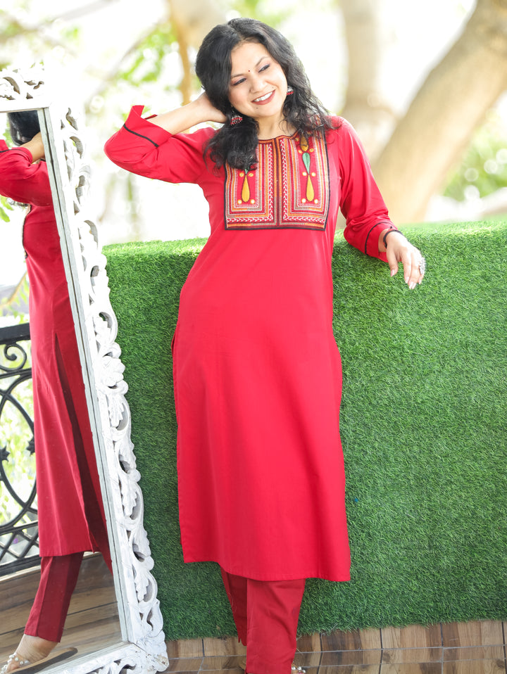 Chanda Cherry Red Thread Embroidered Neck Yoke Work Cotton Kurti