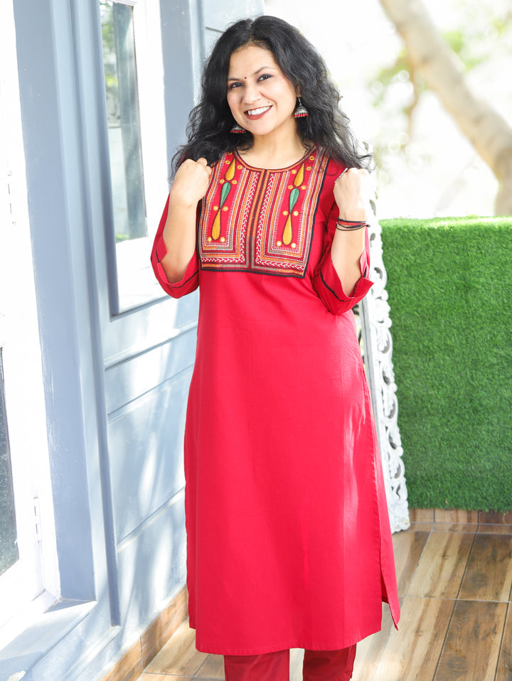 Chanda Cherry Red Thread Embroidered Neck Yoke Work Cotton Kurti
