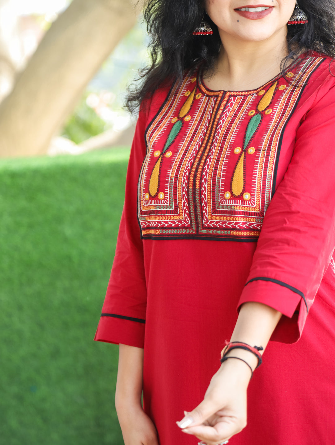 Chanda Cherry Red Thread Embroidered Neck Yoke Work Cotton Kurti