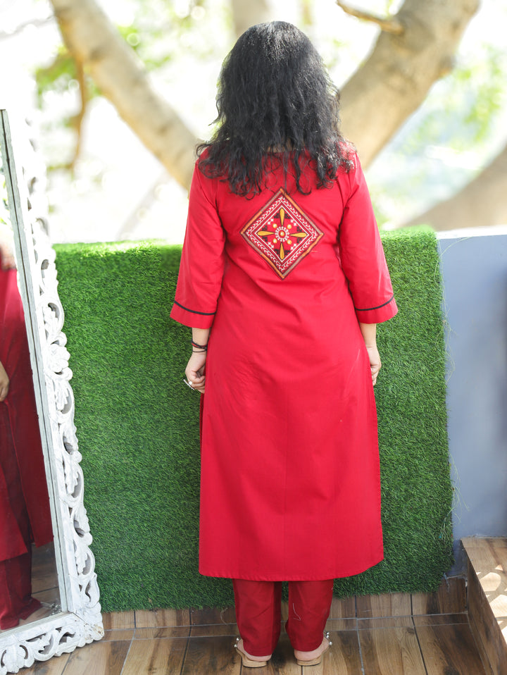 Chanda Cherry Red Thread Embroidered Neck Yoke Work Cotton Kurti