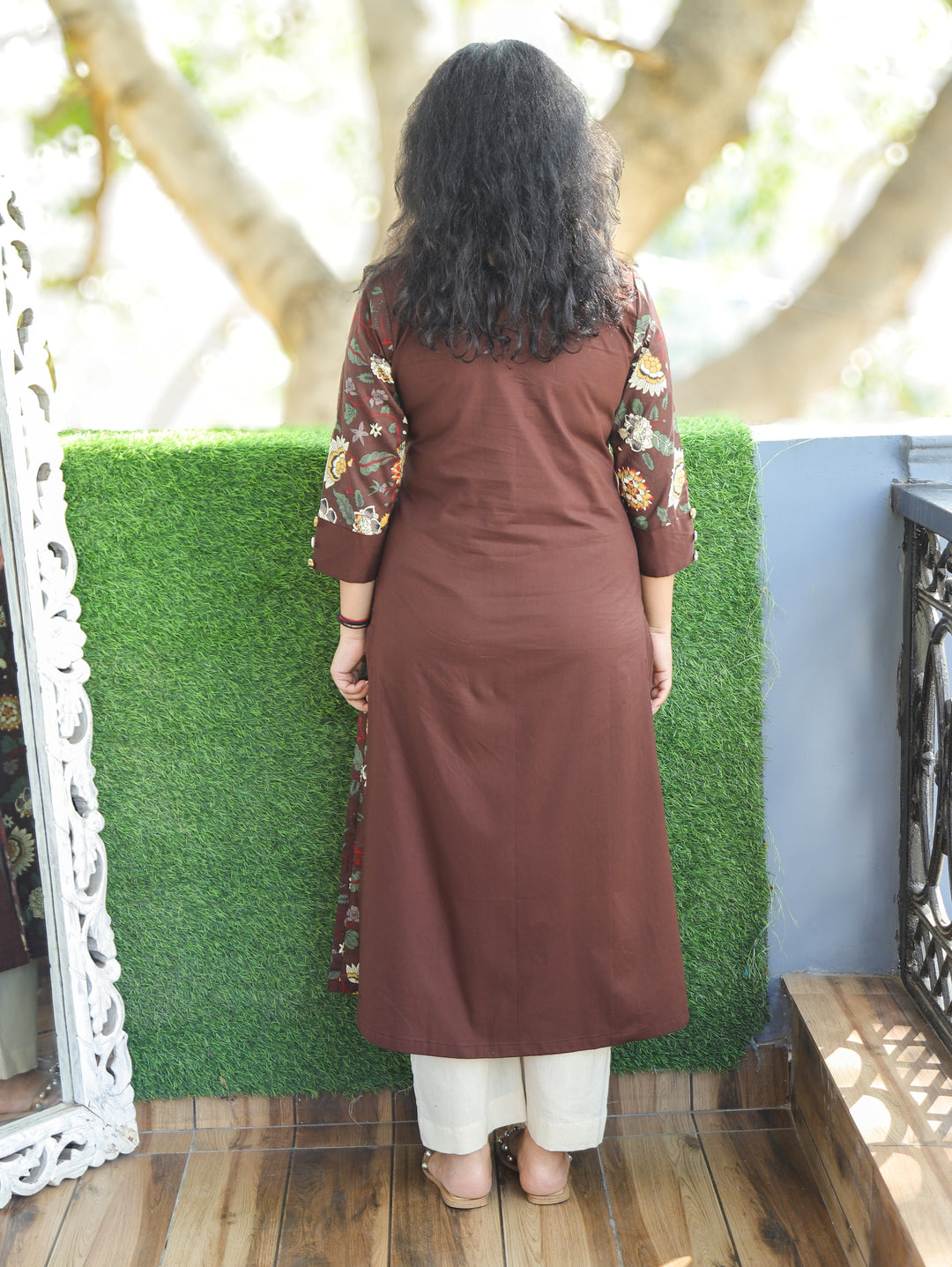 Khushi Choco Brown Button Work Round Neck Floral Printed Panel Cotton Kurti