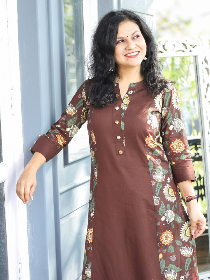 Khushi Choco Brown Button Work Round Neck Floral Printed Panel Cotton Kurti