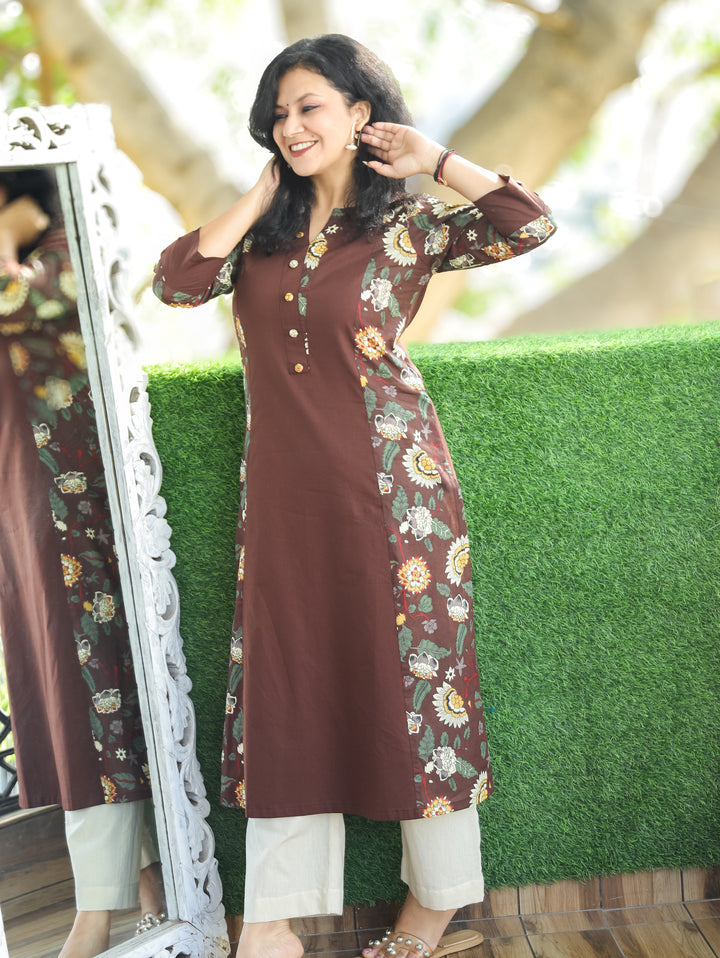 Khushi Choco Brown Button Work Round Neck Floral Printed Panel Cotton Kurti
