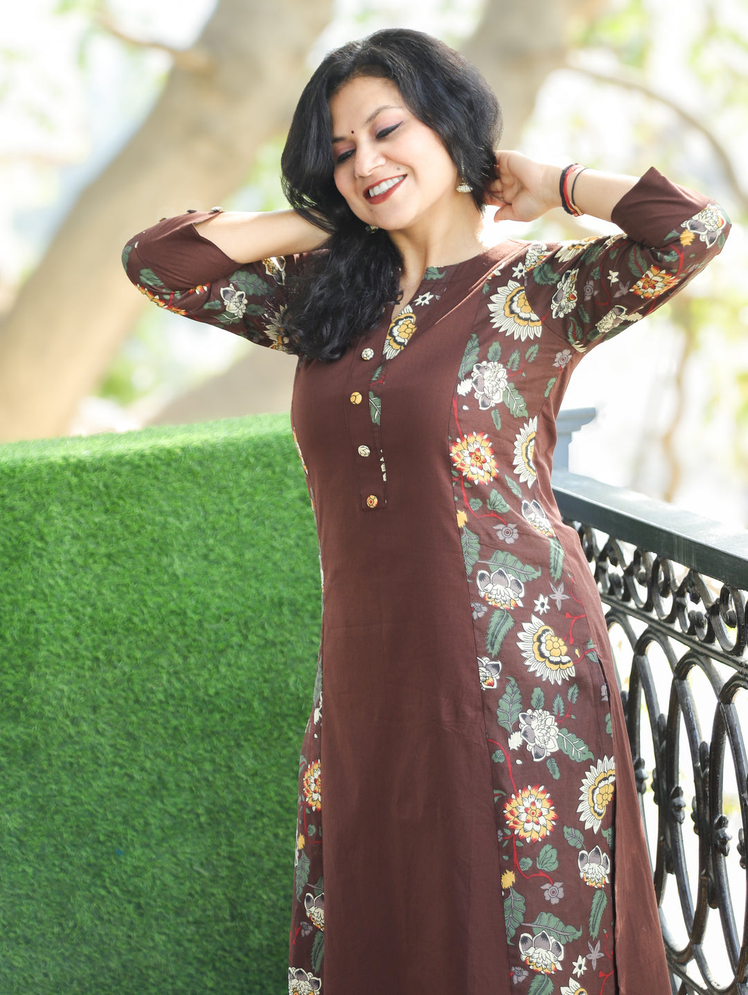 Khushi Choco Brown Button Work Round Neck Floral Printed Panel Cotton Kurti