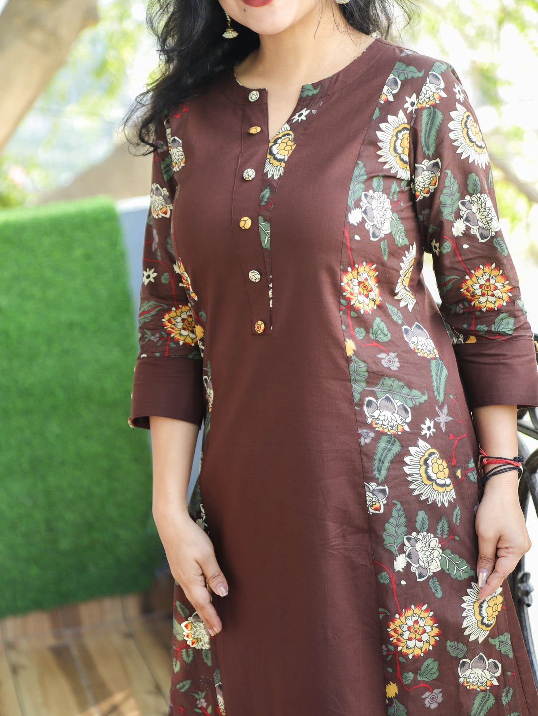 Khushi Choco Brown Button Work Round Neck Floral Printed Panel Cotton Kurti