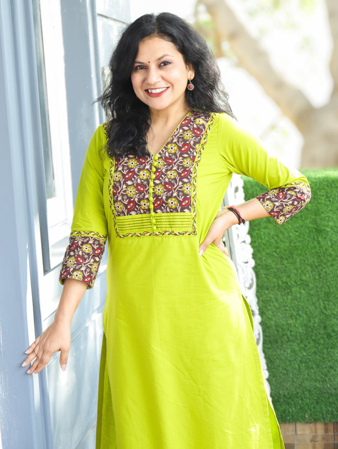 Eraya Vibrant Neon Potli Button Floral Printed Yoke with Thread Work Cotton  Kurti