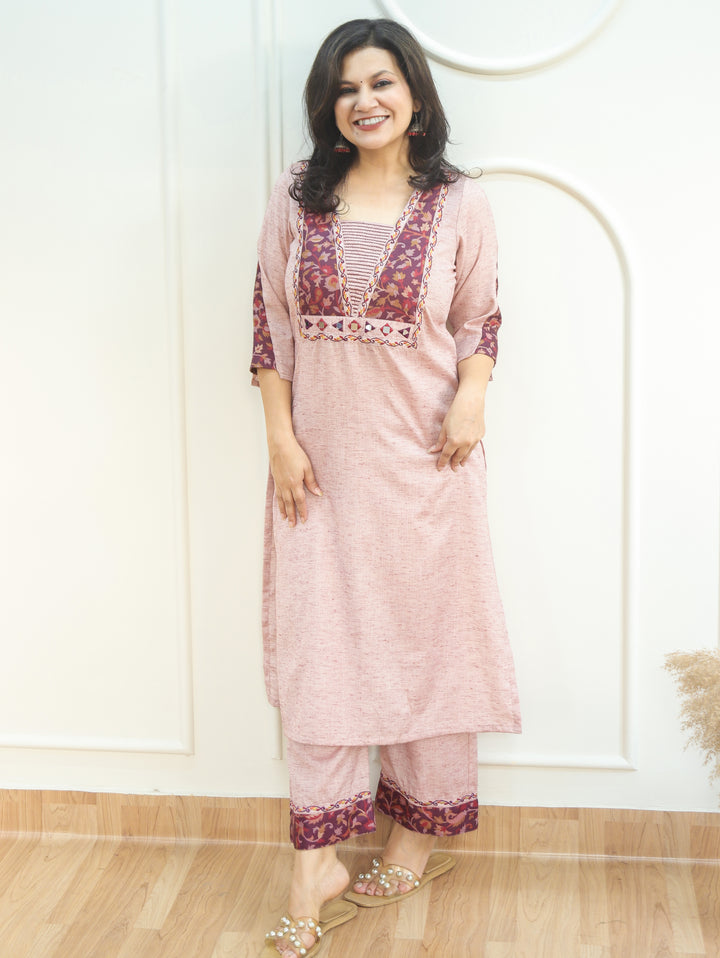 Rashiva Petal Pink Minimal Embroidery Kanni Print Semi Woolen Winter Set