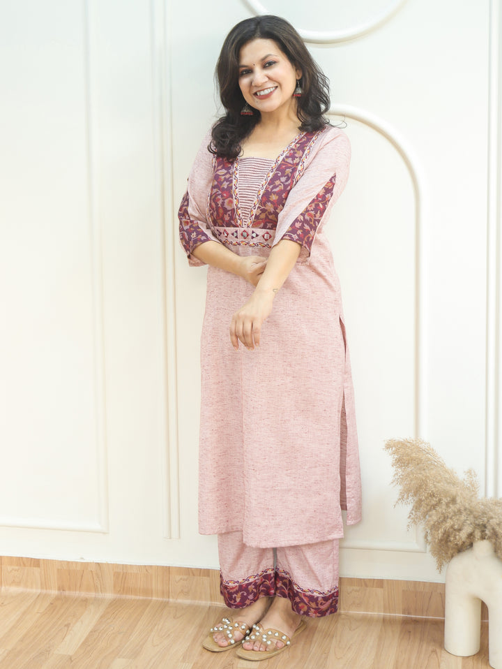 Rashiva Petal Pink Minimal Embroidery Kanni Print Semi Woolen Winter Set
