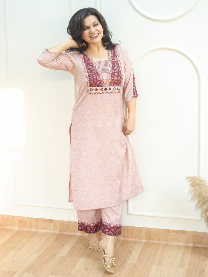 Rashiva Petal Pink Minimal Embroidery Kanni Print Semi Woolen Winter Set