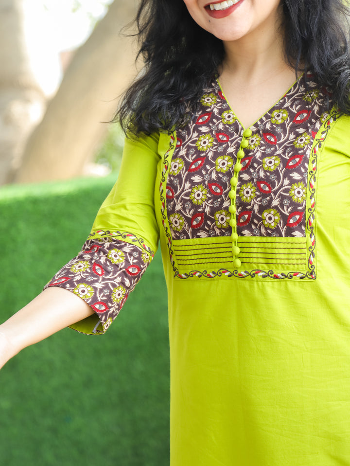 Eraya Vibrant Neon Potli Button Floral Printed Yoke with Thread Work Cotton  Kurti