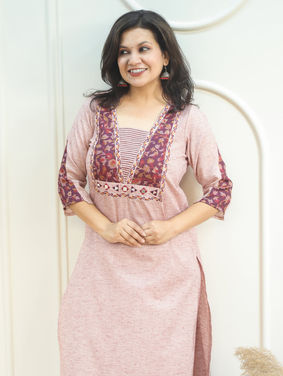Rashiva Petal Pink Minimal Embroidery Kanni Print Semi Woolen Winter Set