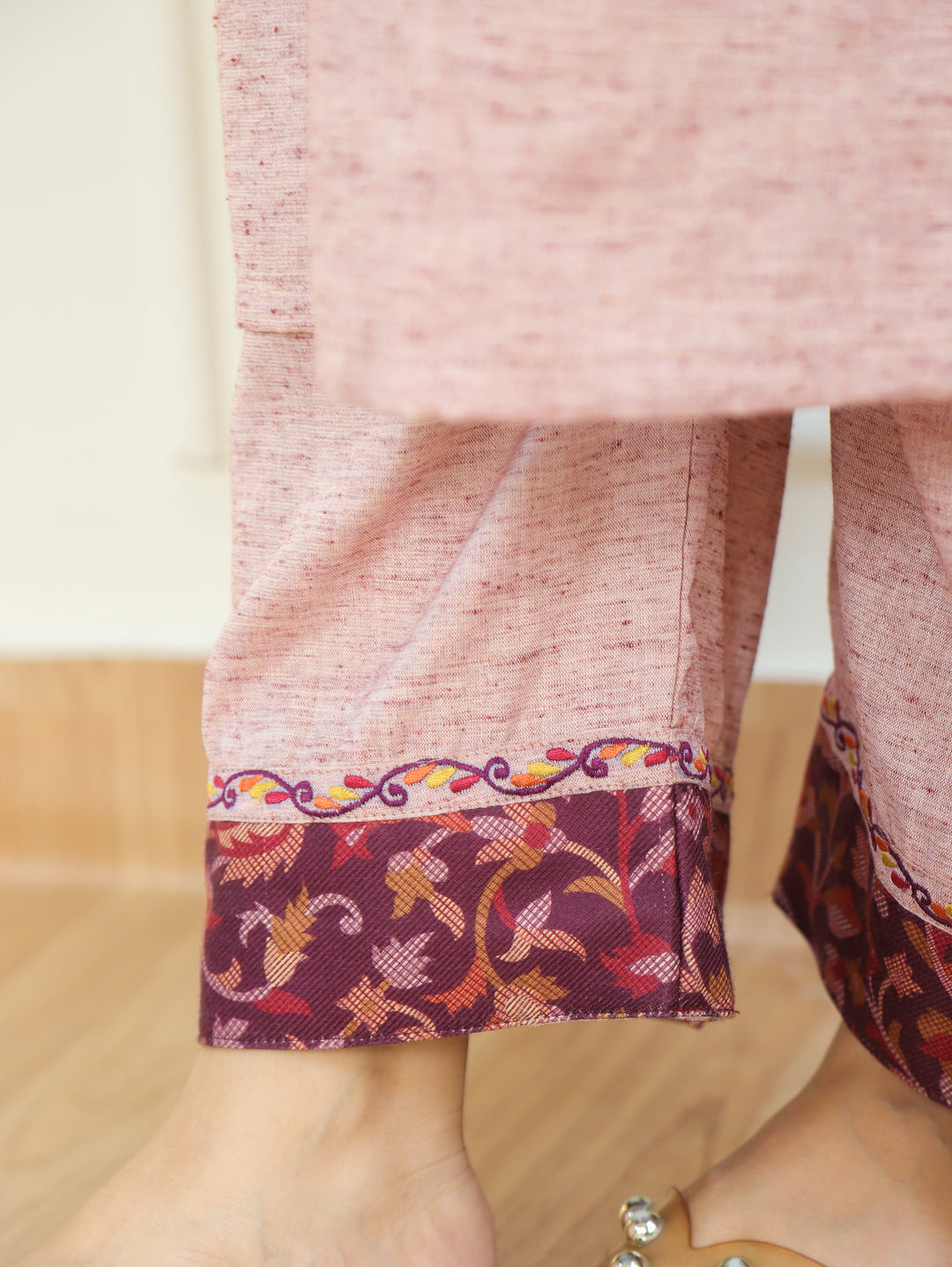 Rashiva Petal Pink Minimal Embroidery Kanni Print Semi Woolen Winter Set